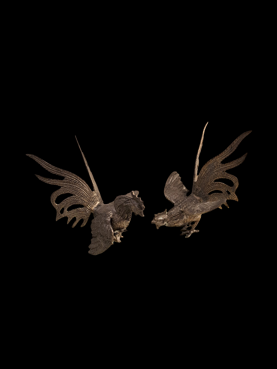Fighting Vintage Cocks in gilted Metal/Kamphaner i forgyldt Metal