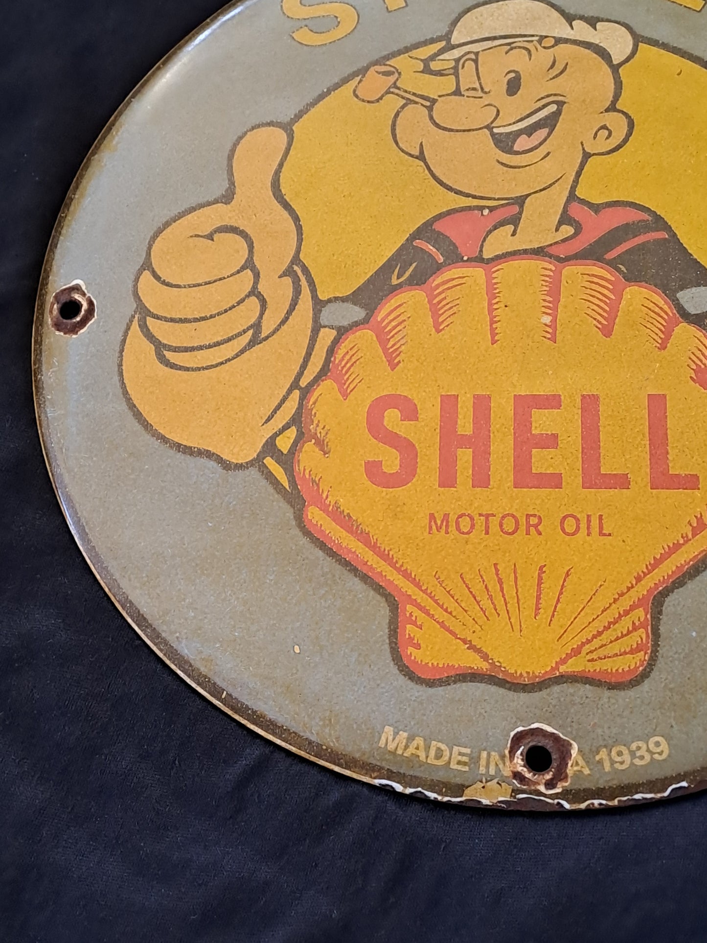 Shell Enamel Sign with Popeye / Shell Emaljeskilt med Skipper Skræk