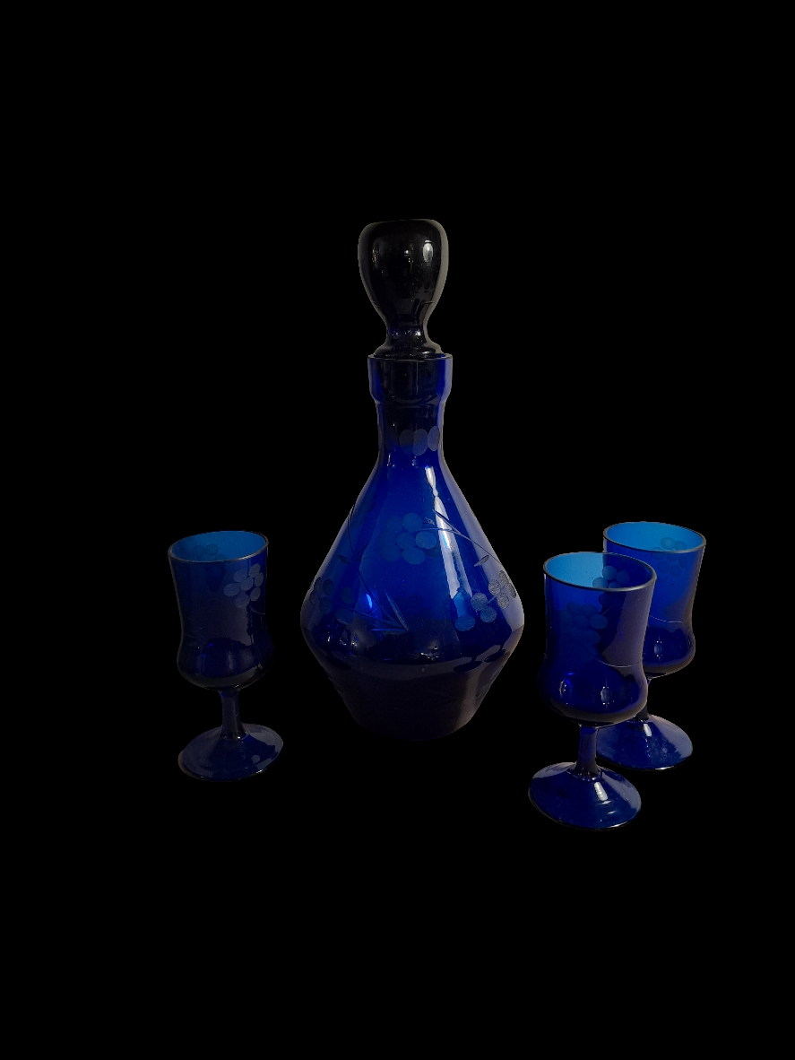 Cobalt Blue Glass Carafe with Glasses/Koboltblå Karaffel m/Glas