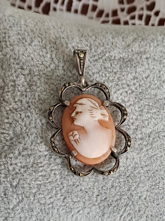Antique 830 Silver Shell Carved Cameo Pendant