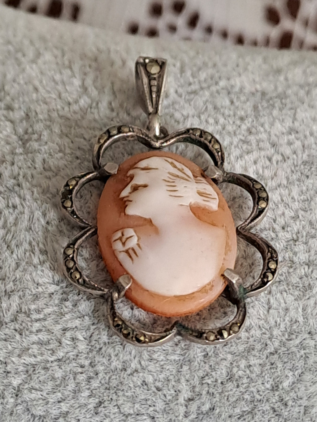 Antique 830 Silver Shell Carved Cameo Pendant