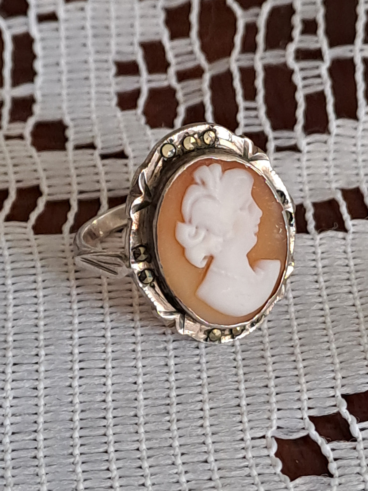 Antique 800 Silver and Carved Shell Cameo Ring