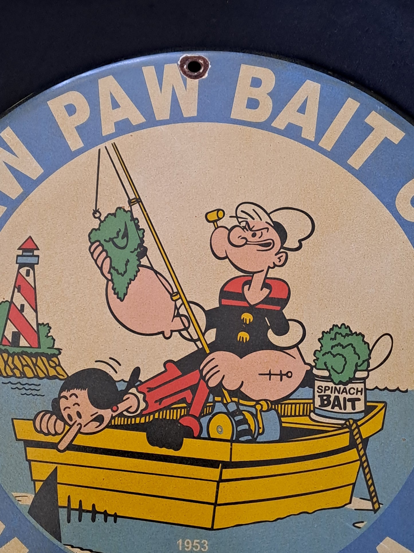 Paw Paw Bait Enamel Sign with Popeye / Paw Paw Bait Emaljeskilt med Skipper Skræk