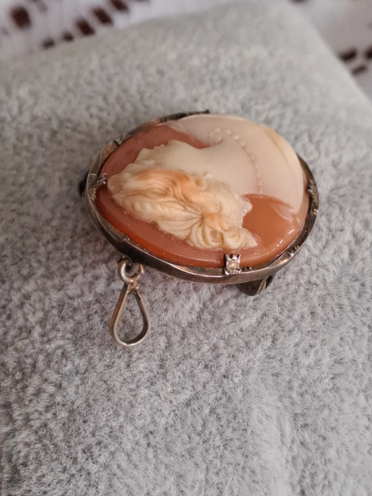 Antique 925 Silver Shell Carved Cameo Pendant/Brooch