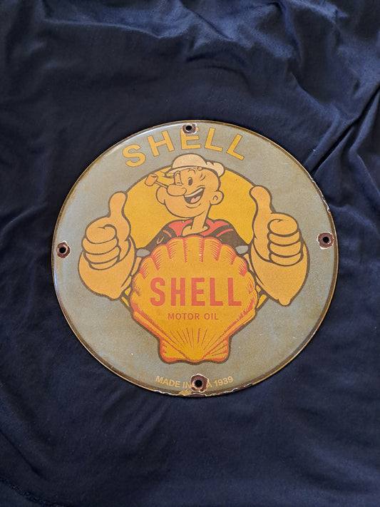 Shell Enamel Sign with Popeye / Shell Emaljeskilt med Skipper Skræk