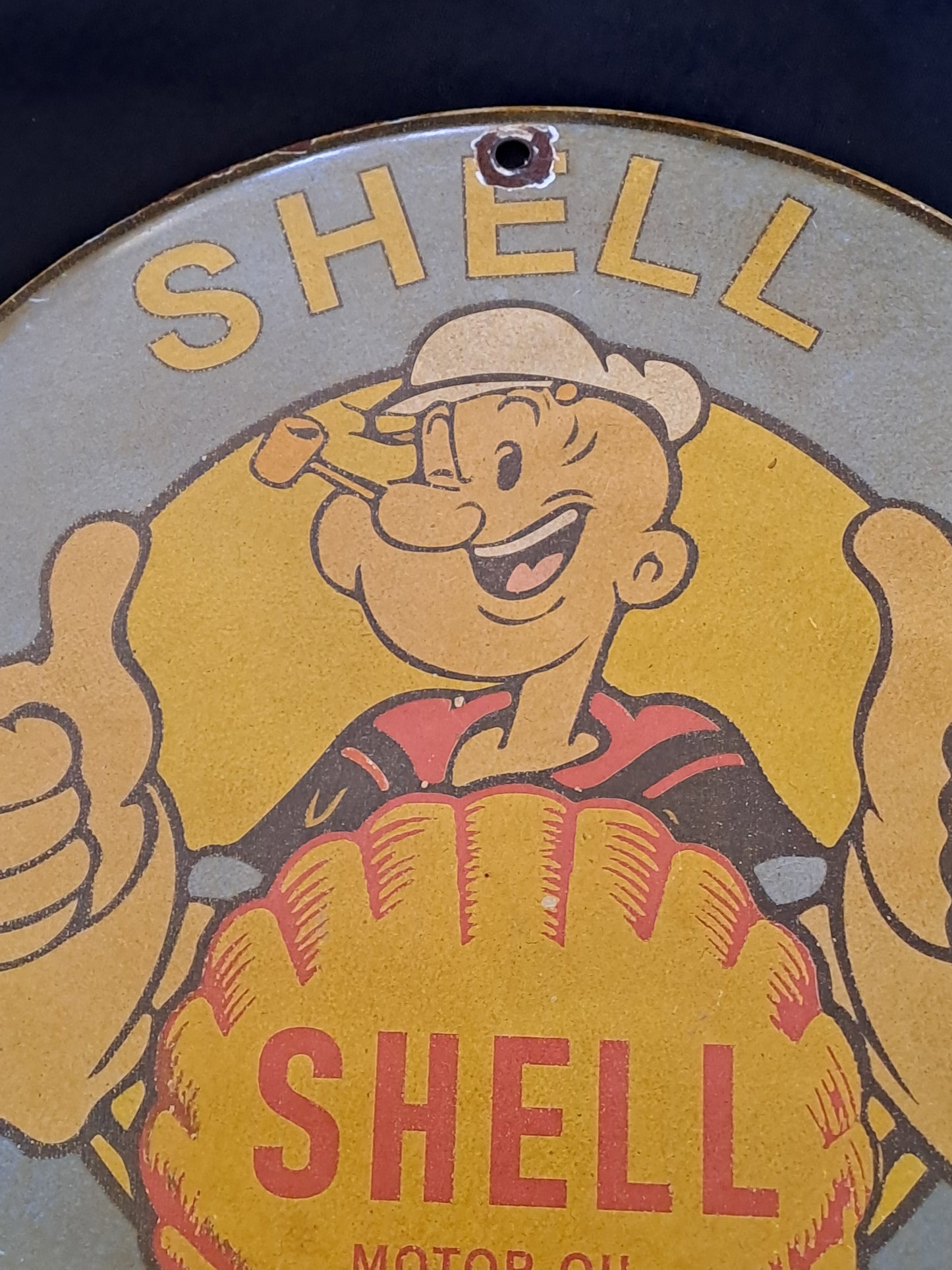 Shell Enamel Sign with Popeye / Shell Emaljeskilt med Skipper Skræk