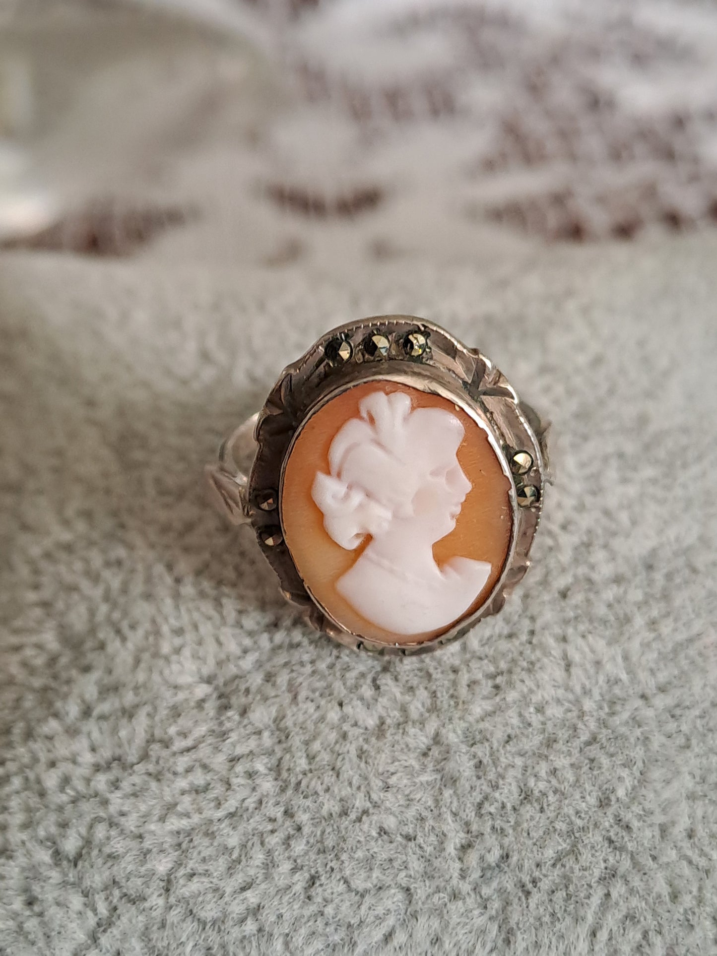 Antique 800 Silver and Carved Shell Cameo Ring
