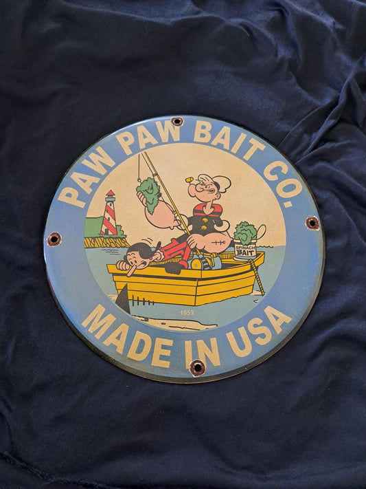 Paw Paw Bait Enamel Sign with Popeye / Paw Paw Bait Emaljeskilt med Skipper Skræk