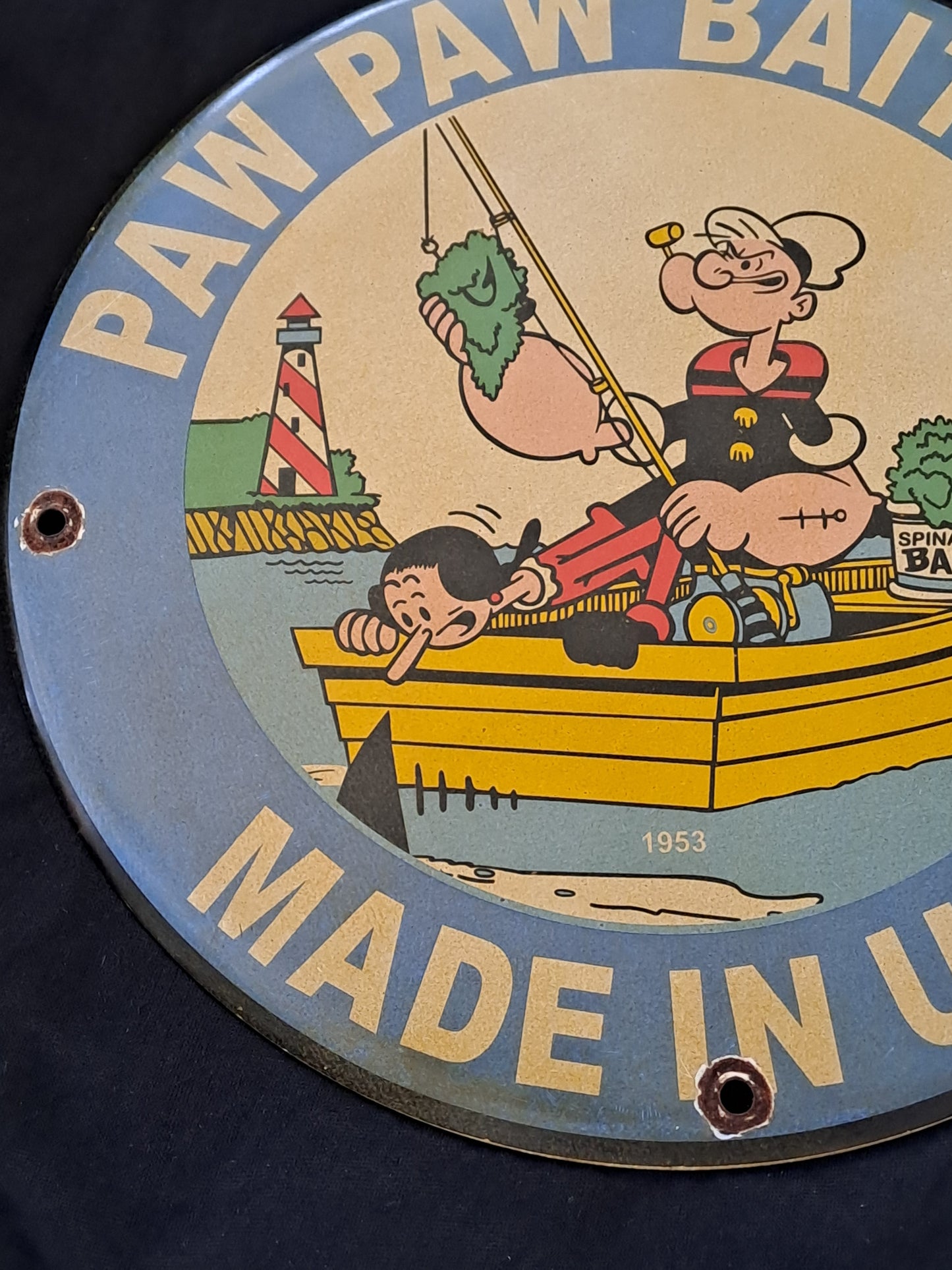 Paw Paw Bait Enamel Sign with Popeye / Paw Paw Bait Emaljeskilt med Skipper Skræk